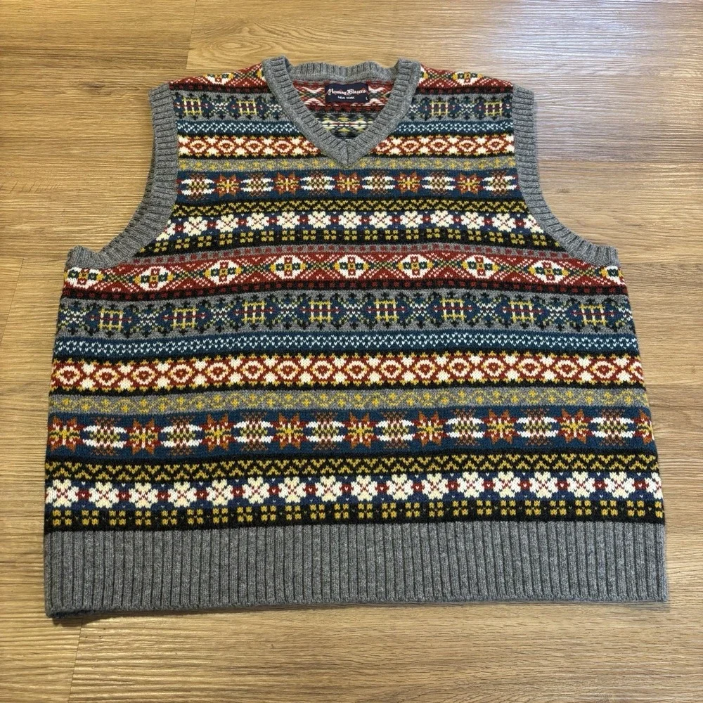 Rowing Blazers Fair Isle Knit Sweater Vest Sz L 100% Lambswool V-neck Preppy EUC